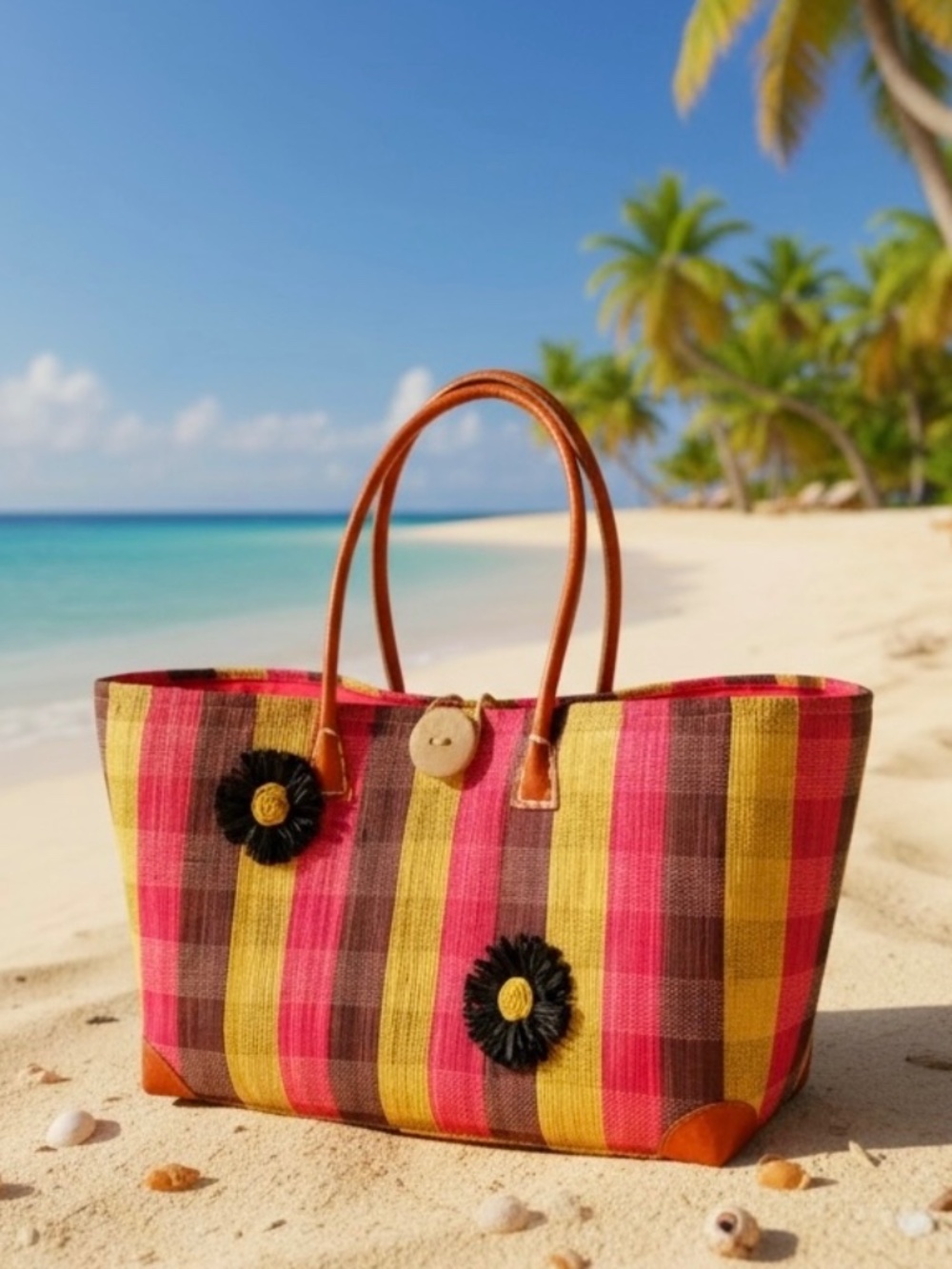 Handwoven Madagascar Raffia and Leather Tote Sustainable Beach Bag